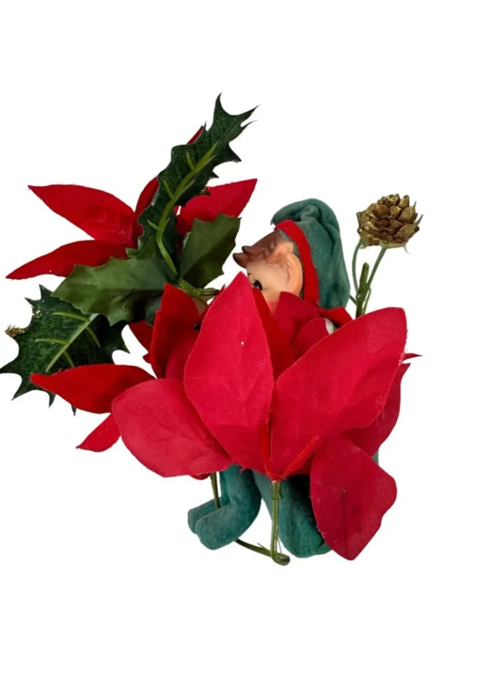 Knee Hugger Pixie Elf Holiday Christmas Decoration Silk Poinsettia Vintage 1960s